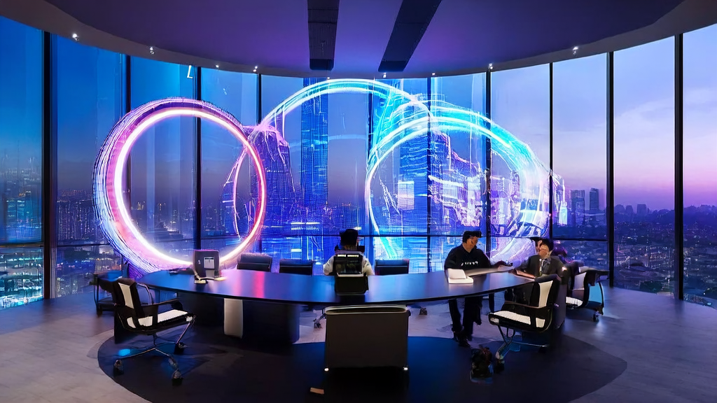 AI-driven cross-border e-commerce acquisition strategies in 2025: showcasing a futuristic office where employees use AI technology for global marketing