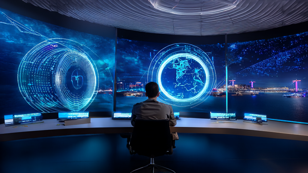 A futuristic scene of AI-driven cross-border e-commerce, showcasing a young entrepreneur using AI to optimize export emails and enhance brand professionalism