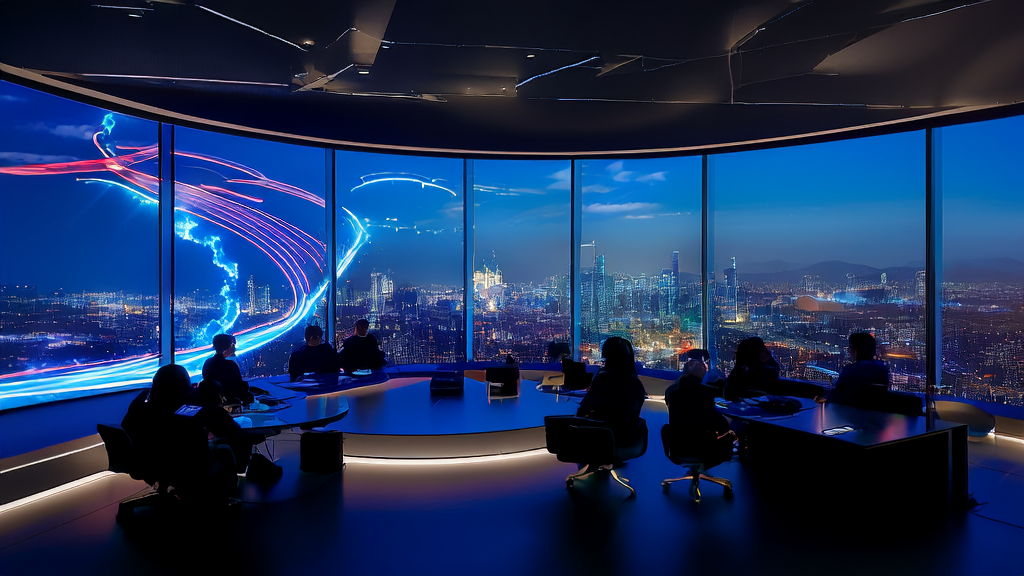 未来办公室内,年轻创业者们正在讨论如何利用AI技术突破跨境电商的增长瓶颈,并展示HeyGen的AI视频翻译技术。