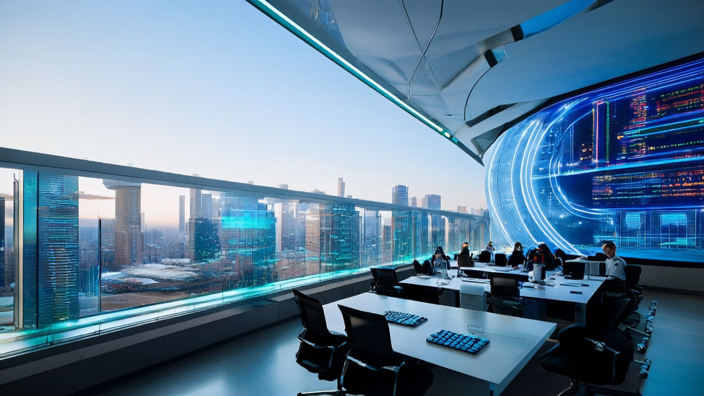A modern cross-border e-commerce office in a futuristic city, where employees are using AI tools for customer acquisition and market analysis.