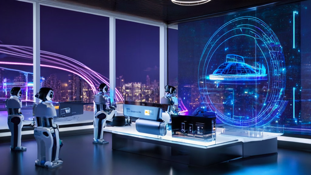 未来科技感办公室内的智能机器人和跨境电商邮件自动化工具模型，展示了AI驱动的获客新趋势。