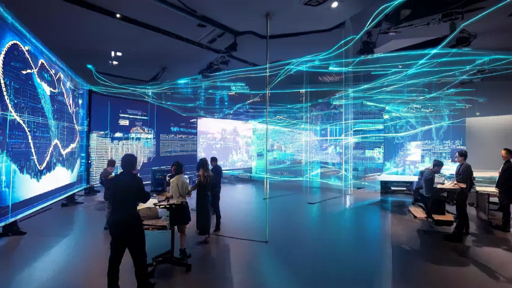 A futuristic cross-border e-commerce office showcasing AI-driven acquisition innovations and world models in 2025