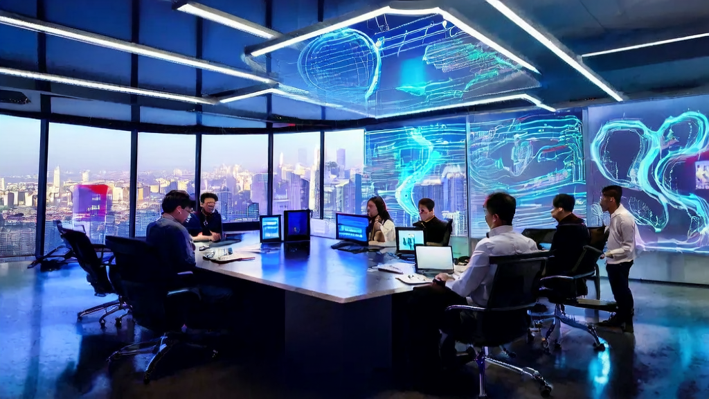 In a futuristic office, entrepreneurs use the UltraRAG 2.1 framework to analyze manufacturing customs data for precise marketing