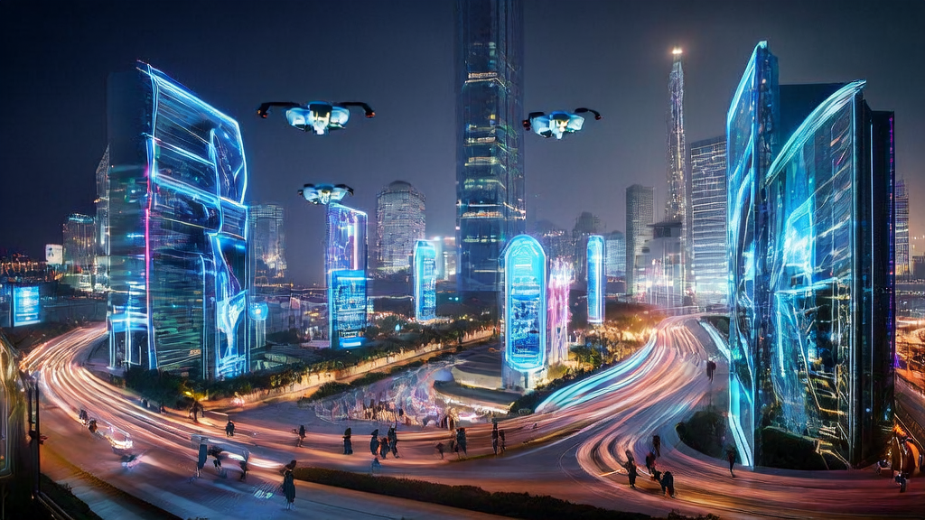 AI-driven cross-border e-commerce acquisition revolution in a futuristic city night scene, showcasing trends for 2025