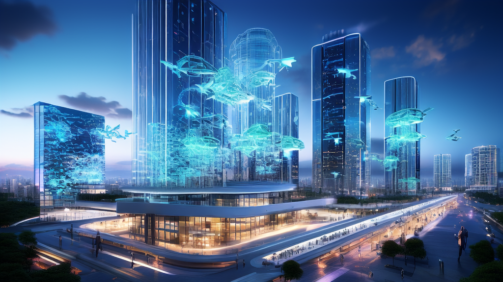 AI-driven cross-border e-commerce acquisition strategies in 2025, showcasing modern office workers using AI systems for data analysis with a bustling smart city view outside.