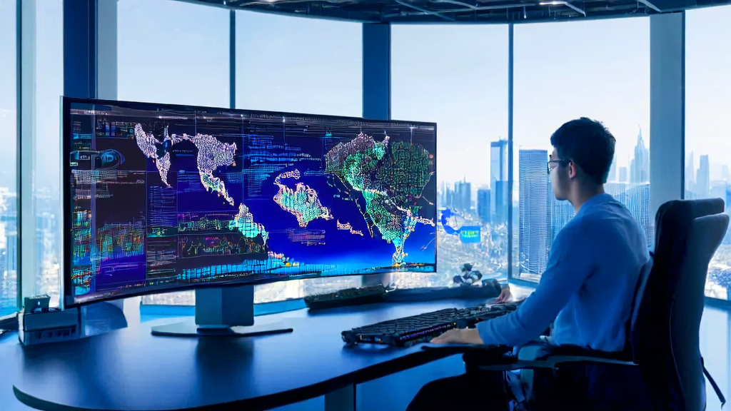 AI-driven cross-border e-commerce acquisition strategy, showcasing a modern office where a programmer uses advanced tools for precise ad targeting and customer outreach