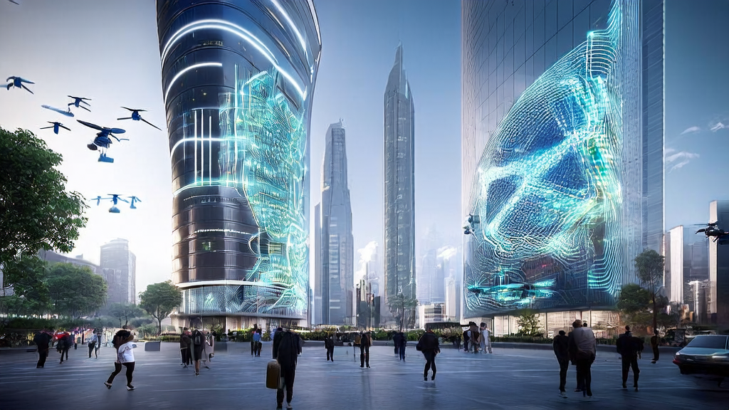 A futuristic city scene showcasing AI-driven cross-border e-commerce customer acquisition, highlighting applications in multilingual marketing, customer prediction, personalized emails, and targeted advertising.
