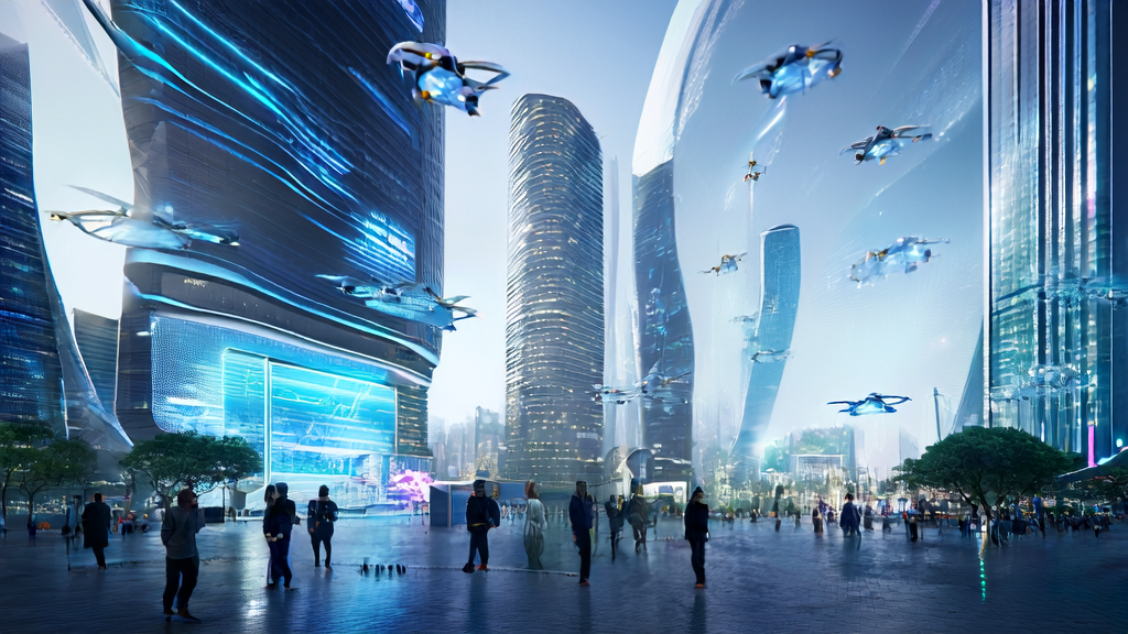 In a futuristic city, an entrepreneur uses an AI system for efficient cross-border e-commerce customer acquisition, surrounded by drones and multilingual billboards.