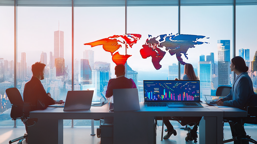 阳光照耀下的跨境电商公司办公室，员工们正在讨论如何利用AI技术提升销售业绩