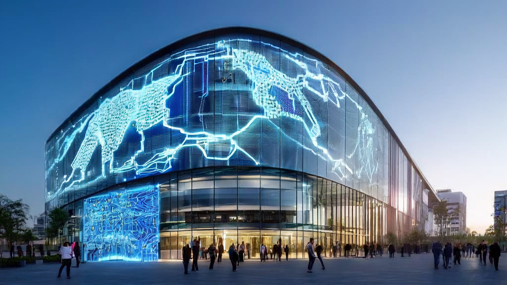 阳光照射下的现代化办公大楼，展示AI智能获客系统和RISC-V处理器，代表跨境电商独立站的未来发展趋势。