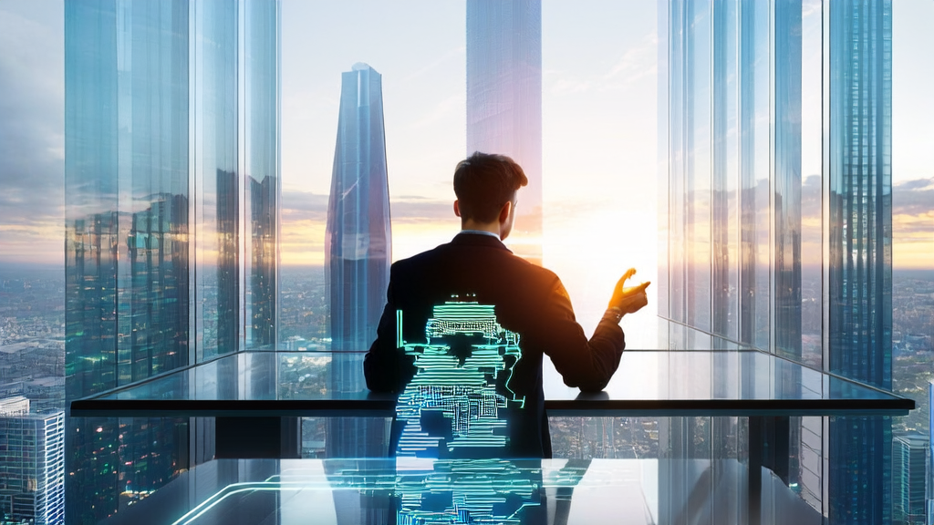 未来城市中的创业者使用AI幻灯片生成器进行跨境电商产品展示