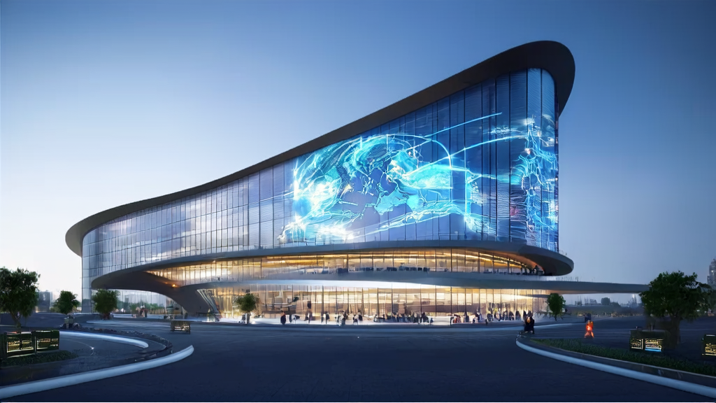 A modern cross-border e-commerce office building in 2025, showcasing AI-driven customer acquisition technologies and global marketing strategies