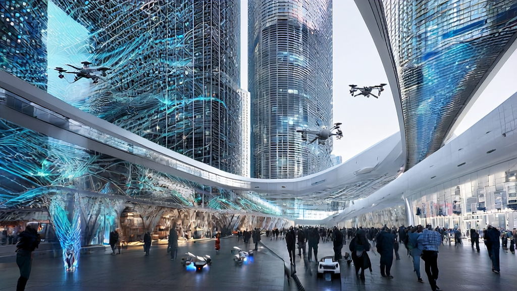 A futuristic city scene showcasing AI-driven cross-border e-commerce with self-driving cars, drones, and personalized product recommendations.