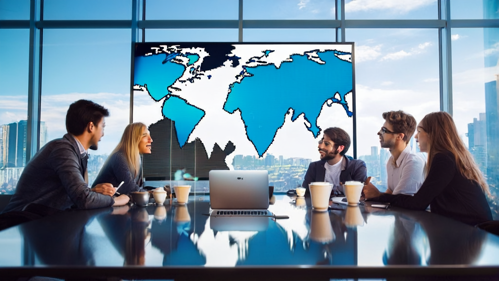 Young entrepreneurs discussing AI-driven cross-border e-commerce marketing strategies in a modern office