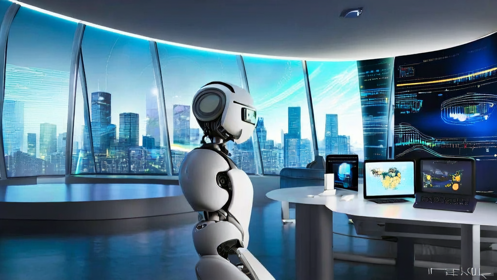 In a futuristic office, the UBtech Walker S2 robot interacts with employees, showcasing the new trends in AI-driven cross-border e-commerce marketing for 2025