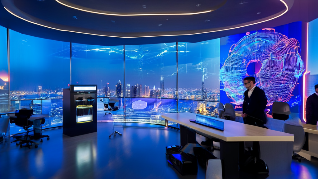 未来科技感的办公室内，创业者使用AI技术进行跨境电商营销分析