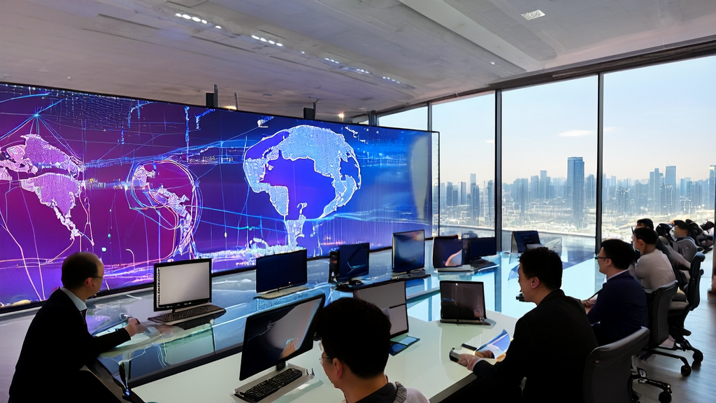 AI驱动的跨境电商解决方案，展示了现代化办公室中员工利用AI技术进行数据分析、个性化推荐和邮件自动化的繁忙景象。