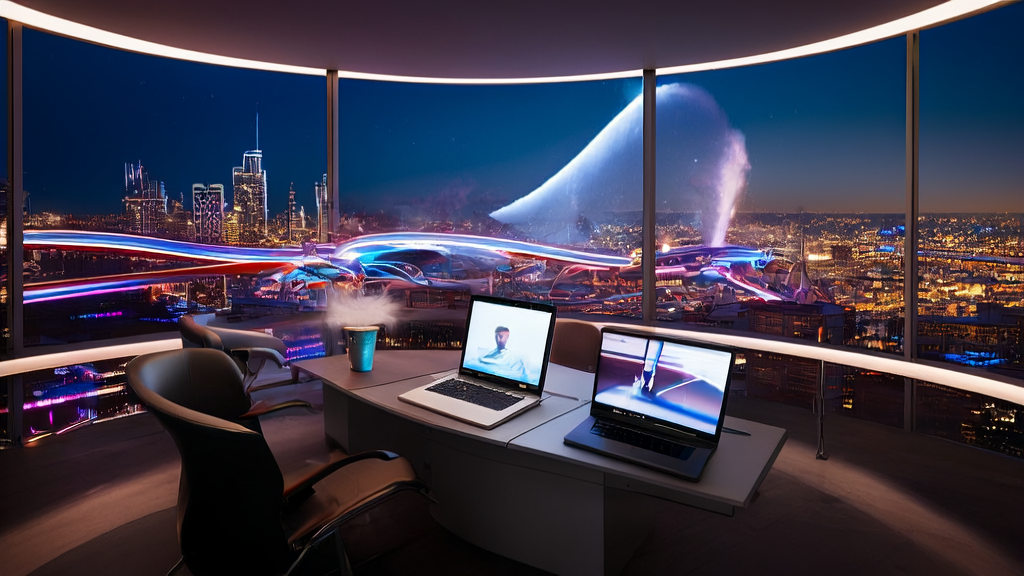 未来感办公室内展示AI智能获客系统的应用，包括Perplexity的Comet浏览器和虚拟助手。