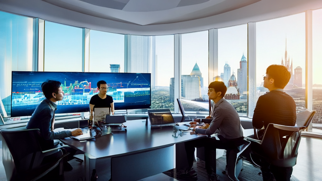 Young entrepreneurs discussing AI-driven cross-border eCommerce acquisition strategies in a modern office with a city skyline and Disney park landmark in the background.