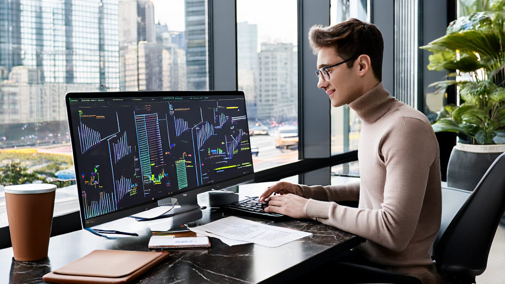 Young entrepreneur in a modern office using AI email templates for cross-border eCommerce acquisition strategies analysis