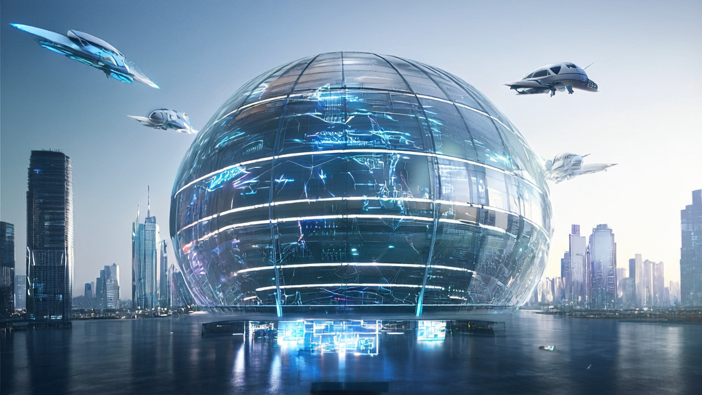 A futuristic cityscape showcasing AI-driven strategies for cross-border e-commerce, including keyword optimization, email marketing, customer prediction, and ad targeting to boost traffic and acquire customers precisely.