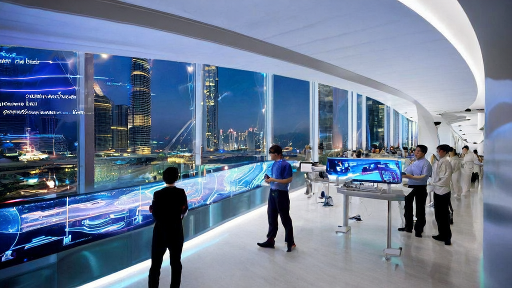 A futuristic tech lab showcasing AI-driven cross-border eCommerce acquisition strategies, including real-time data analysis and the workflow of AI email automation tools.