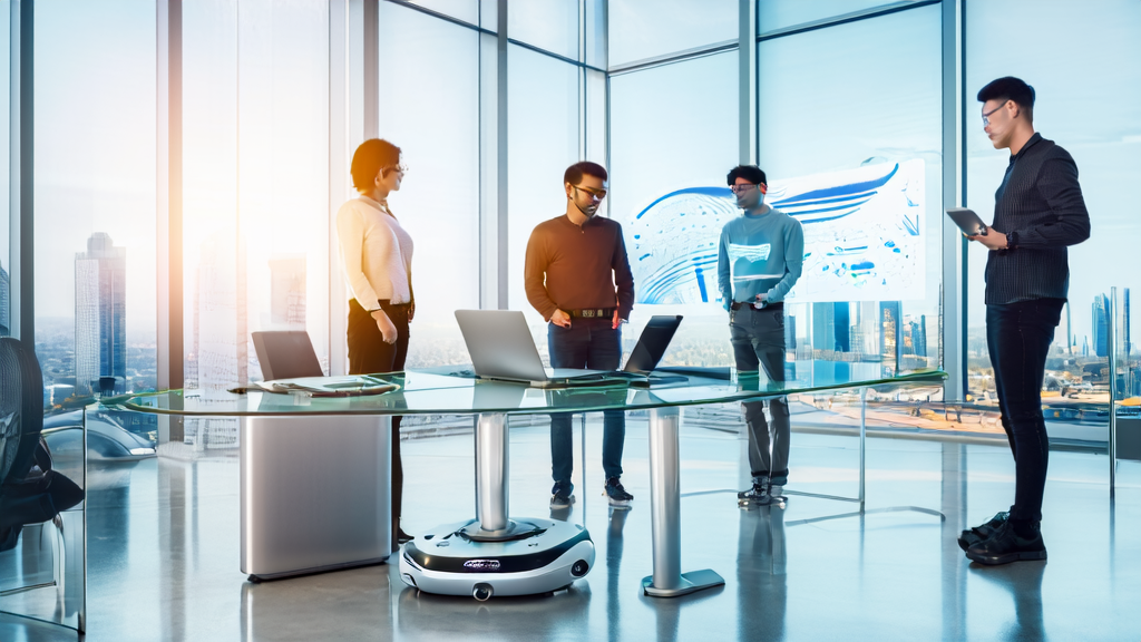 On a sunny morning, young entrepreneurs discuss the application of AI technology and smart vacuum robots in cross-border e-commerce in a modern office space.