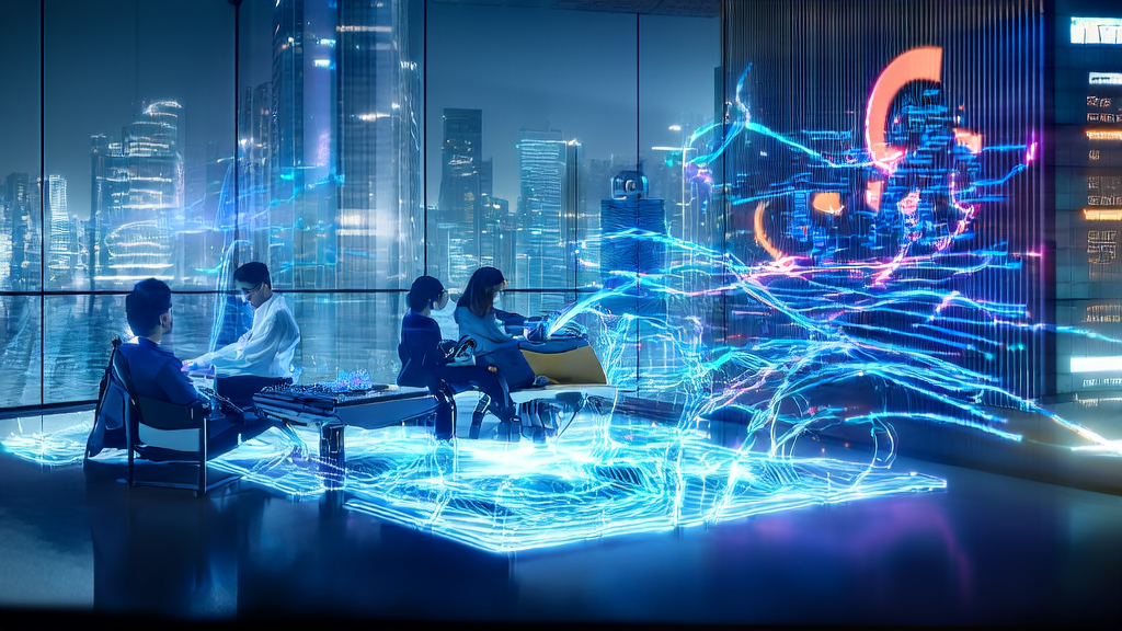 未来城市中，年轻创业者使用AI技术分析制造业海关数据并利用ClipSketch AI进行内容创作。