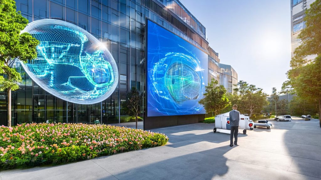 A sunny tech park showcasing how AI technology optimizes customer acquisition for cross-border e-commerce, featuring OpenAI use cases.