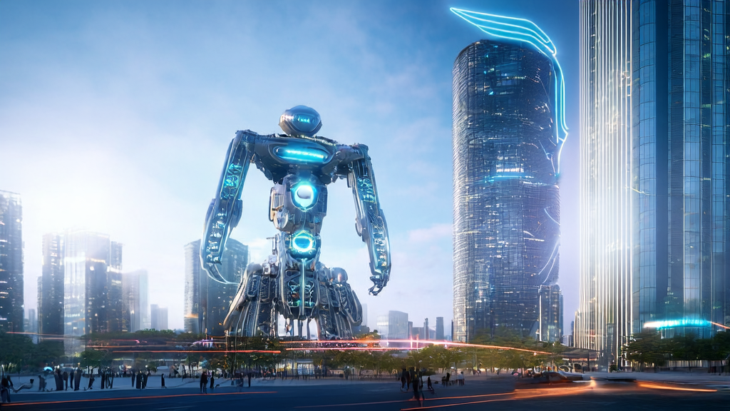 AI-driven cross-border e-commerce growth, showcasing a futuristic city with an AI robot and data streams, along with the LAUD Institute's "Slingshot" AI grant program