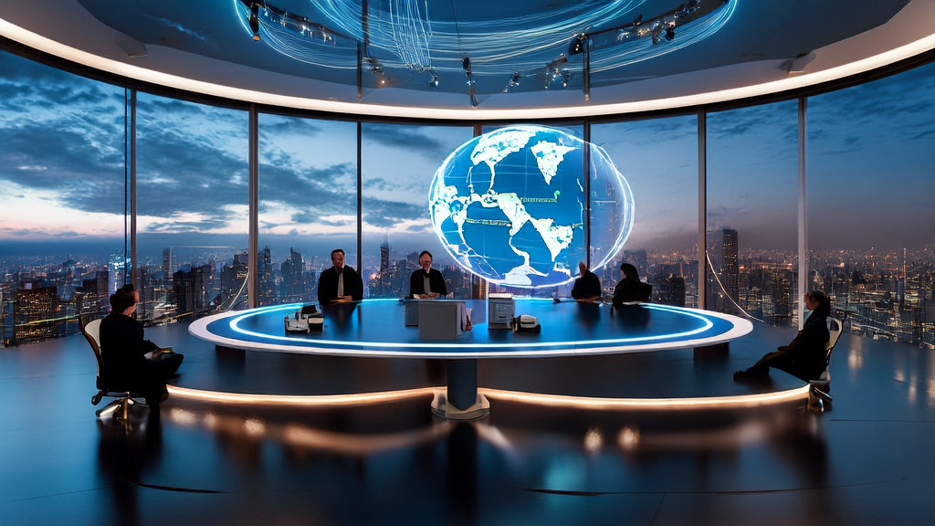 未来感办公室中，创业者们利用AI技术分析全球市场数据，探讨跨境电商增长策略。