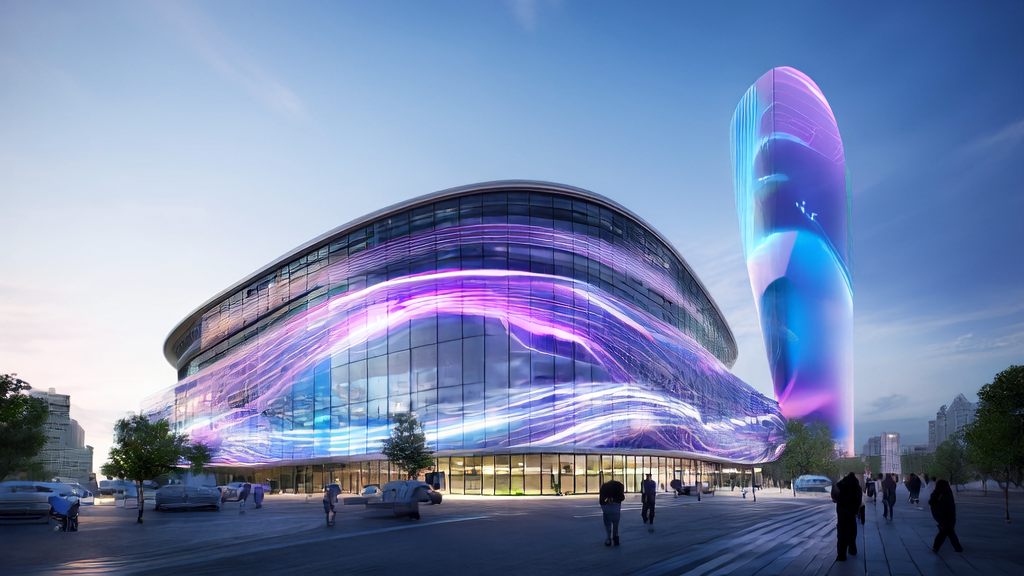 A futuristic cross-border e-commerce standalone store in a tech city, showcasing AI-driven customer acquisition and personalized services