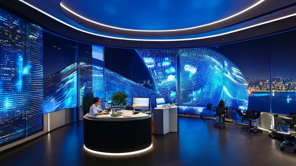 AI驱动的跨境电商创新：员工通过AI平台分析客户行为并生成个性化邮件内容，背景是繁华的城市夜景和数据中心模型。