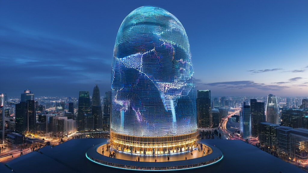 AI技术驱动下的跨境电商精准获客新途径：展示了未来城市的科技感和AI技术在跨境电商中的应用。