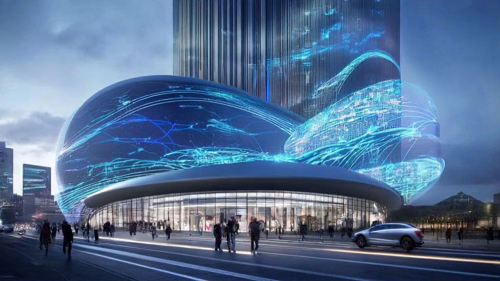 未来城市中的AI驱动跨境电商精准获客策略，展示了无人驾驶汽车、智能设备和虚拟广告牌等元素