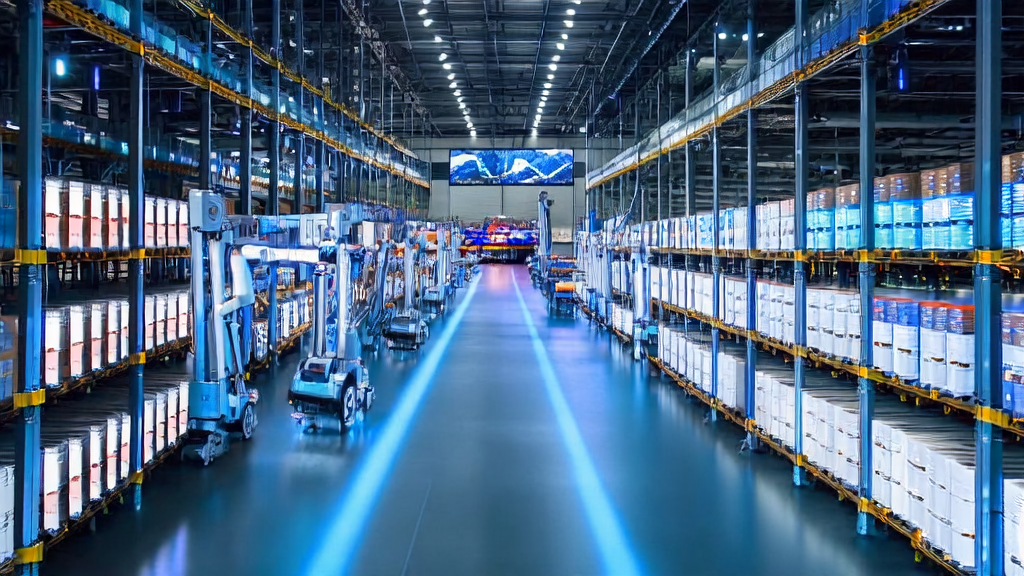 AI-driven cross-border e-commerce logistics warehouse showcasing smart robots and global supply chain optimization