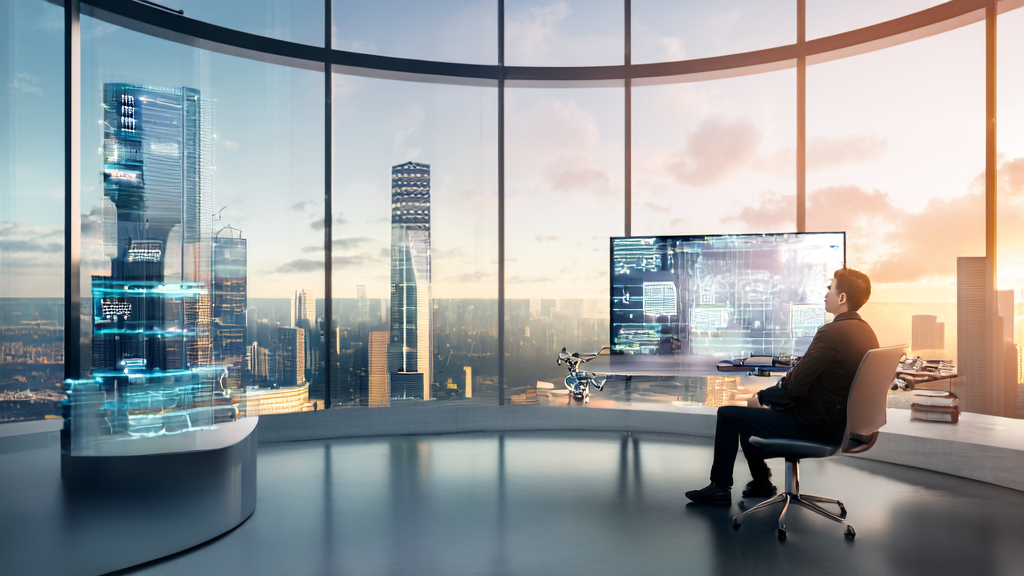E-commerce entrepreneur using AI technology for efficient marketing in a futuristic city