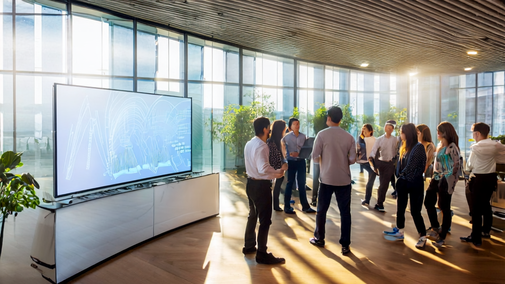 Scene of an AI-driven cross-border e-commerce marketing meeting with sunlight shining into a modern office