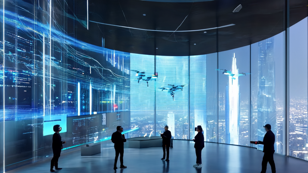 Office of AI-driven cross-border e-commerce marketing in a futuristic tech city