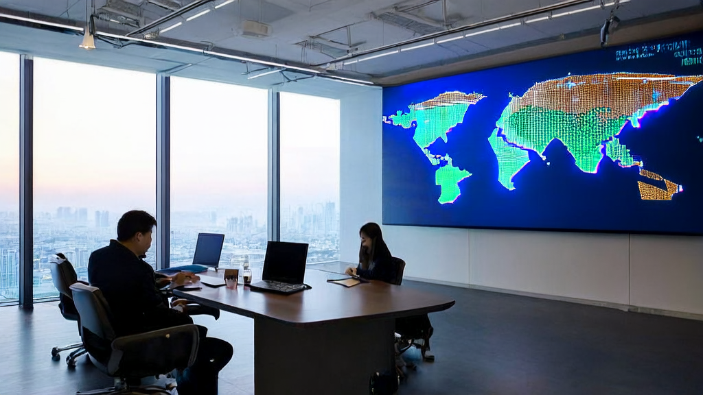 现代化办公室内，专业人士利用AI技术和Qwen3Guard进行跨境电商自动化营销分析