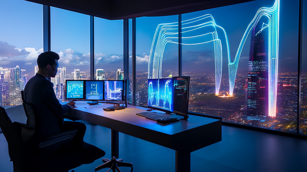 未来办公室中展示AI驱动的跨境电商个性化营销趋势，包括智能电脑和全息投影设备