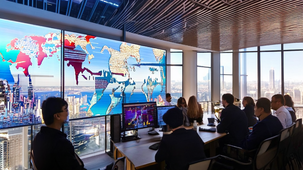 Scene of AI-driven cross-border email marketing: A team in a modern office environment using AI technology to boost sales and customer loyalty