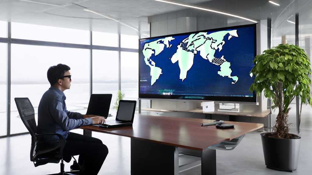 A modern office where a team is discussing AI-driven cross-border email marketing strategies, with a global map and real-time data displayed on the wall.