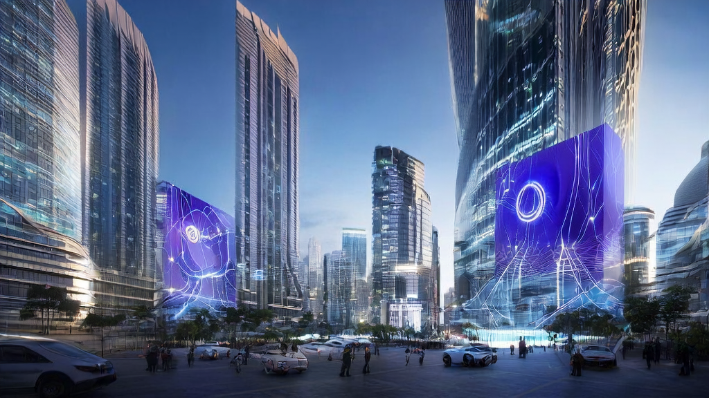 未来城市的中央广场,AI机器人讲解跨境电商获客策略,背景是Pinterest的标志性建筑。