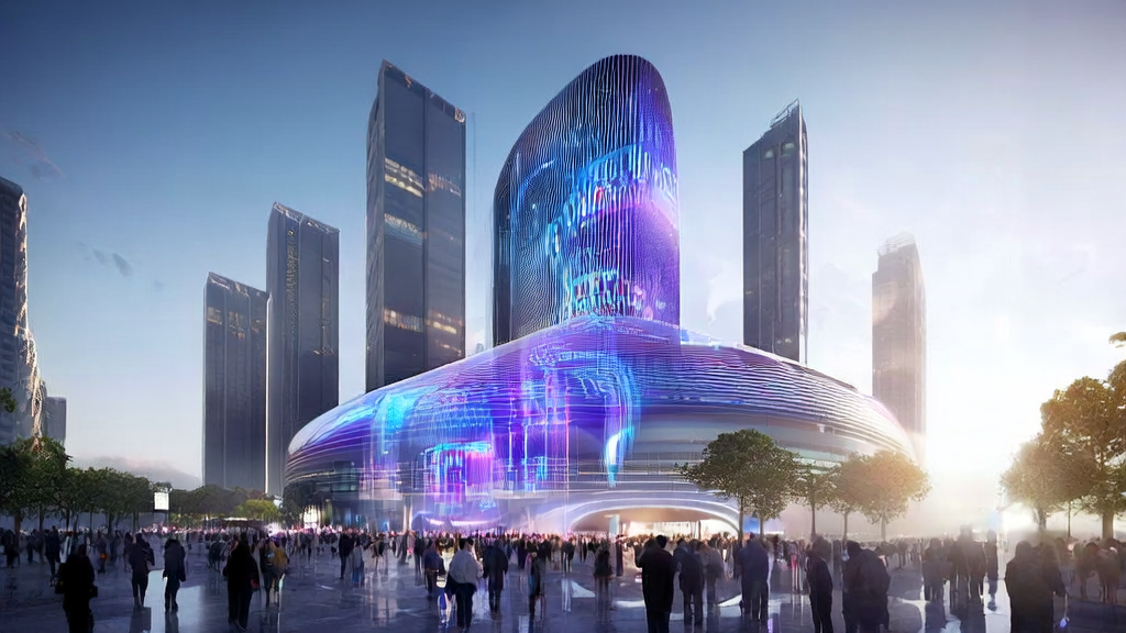 未来城市的广场上,人们正在讨论如何利用AI技术提升跨境电商销售