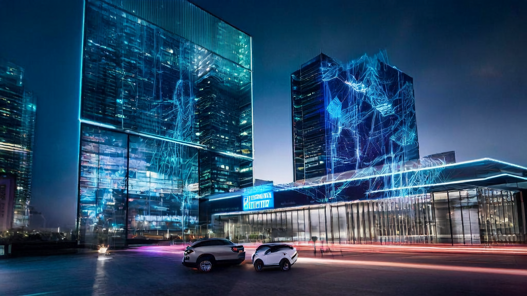 Modern office building in a futuristic city showcasing AI-driven cross-border e-commerce email marketing data analysis