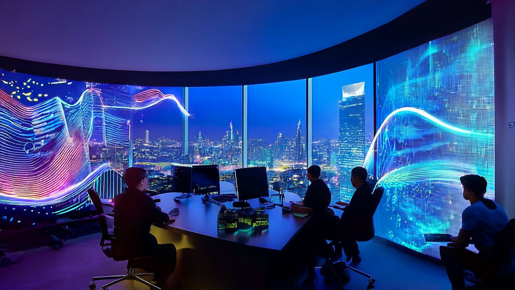 AI驱动的跨境电商获客策略讨论场景，程序员们在办公室内专注工作，背景是城市夜景