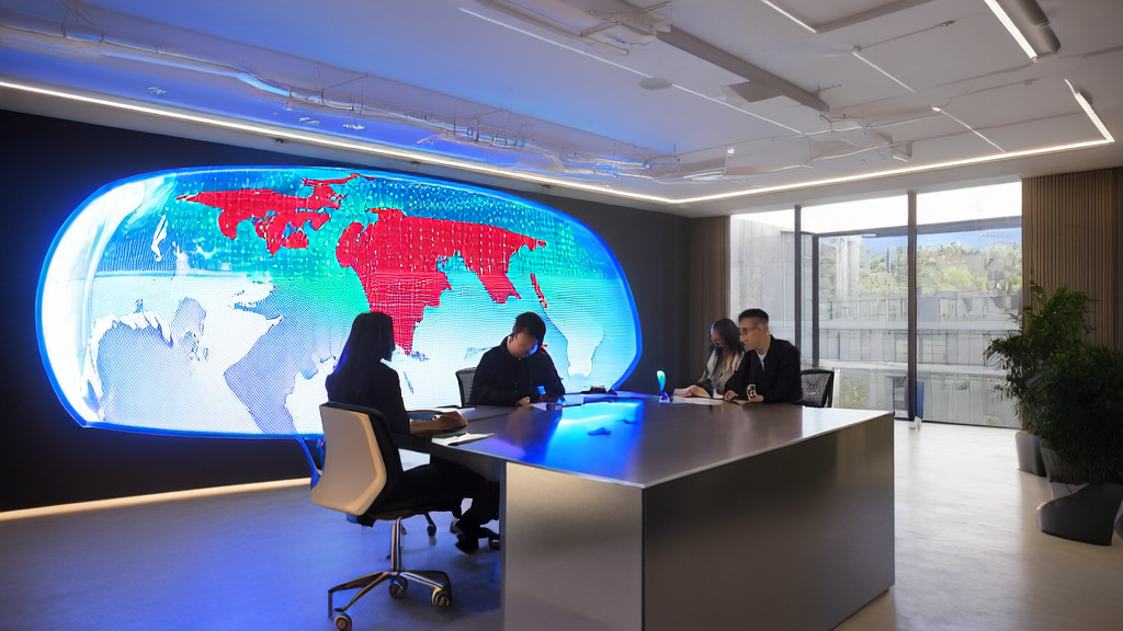 Entrepreneurs in a futuristic office discussing AI-driven cross-border marketing strategies