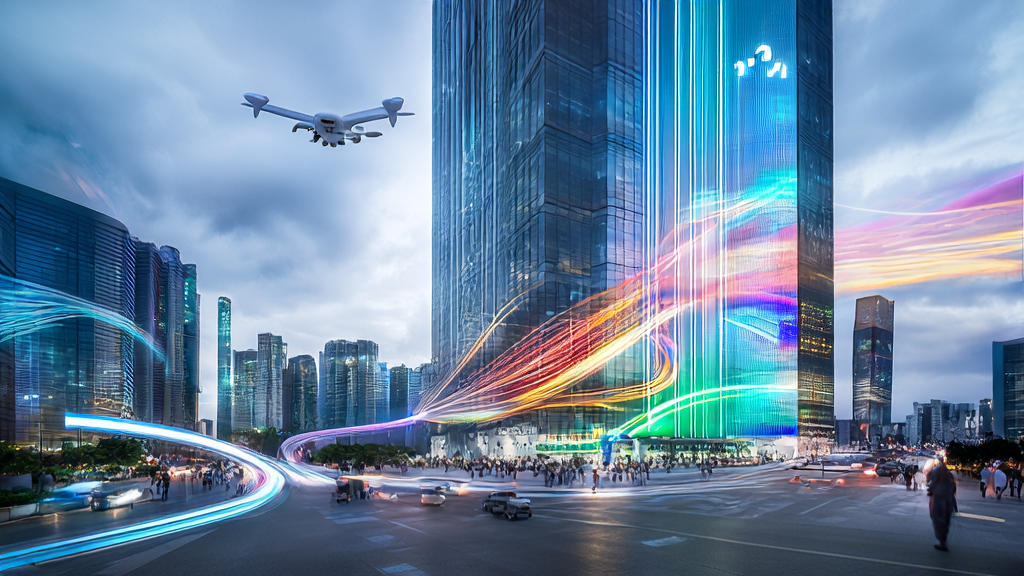 AI-driven cross-border e-commerce company optimizing overseas marketing strategies in a futuristic city