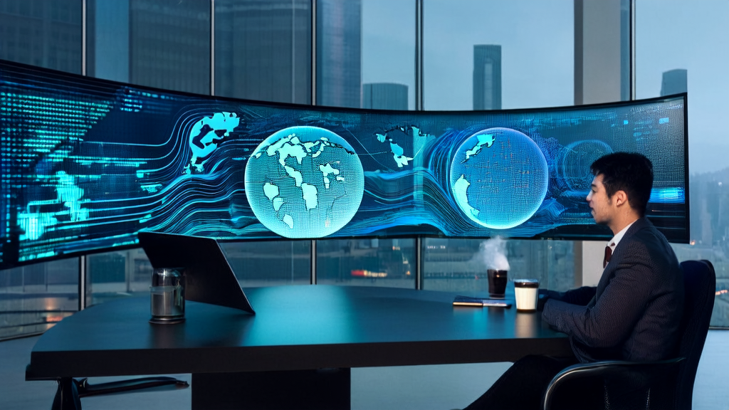 A data analyst in a modern office using AI technology to analyze manufacturing customs data to find potential customers
